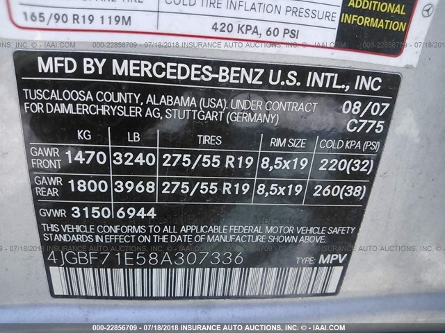 4JGBF71E58A307336 - 2008 MERCEDES-BENZ GL 450 4MATIC SILVER photo 9