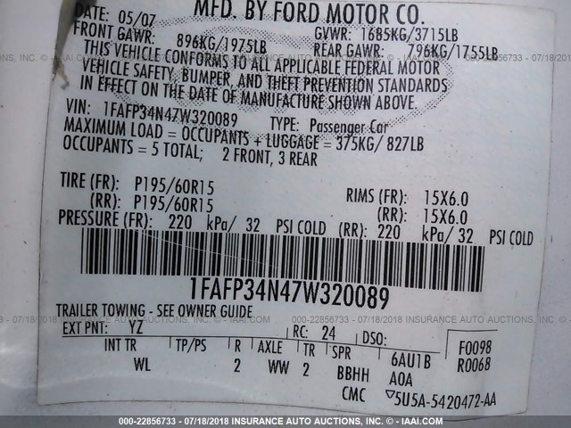 1FAFP34N47W320089 - 2007 FORD FOCUS ZX4/S/SE/SES 白色 照片 9