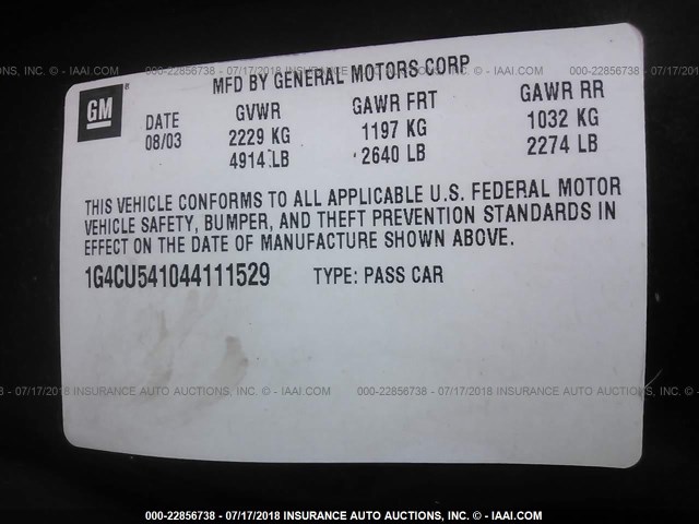 1G4CU541044111529 - 2004 BUICK PARK AVENUE ULTRA MAROON photo 9