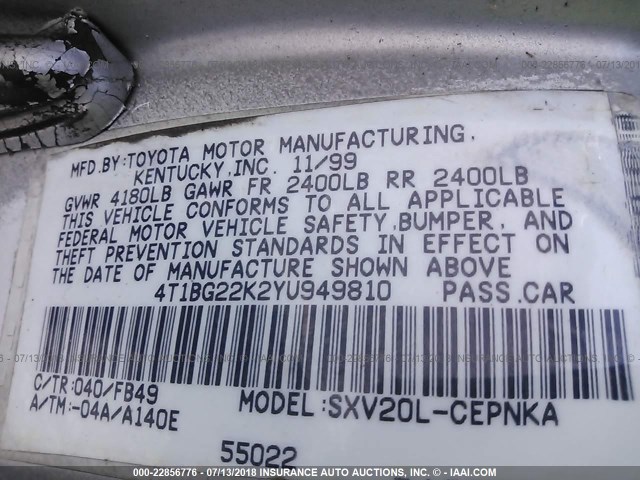 4T1BG22K2YU949810 - 2000 TOYOTA CAMRY CE/LE/XLE 银色 照片 9