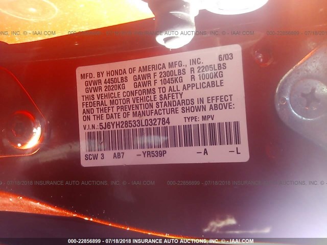 5J6YH28533L032784 - 2003 HONDA ELEMENT EX ORANGE photo 9