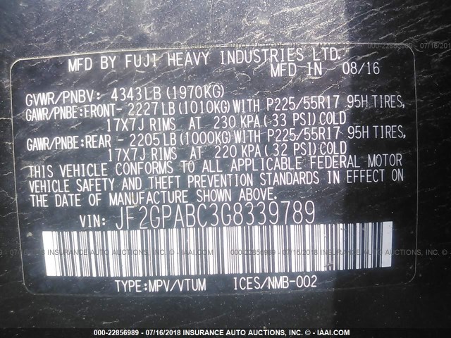 JF2GPABC3G8339789 - 2016 SUBARU CROSSTREK PREMIUM ნაცრისფერი ფოტო 9