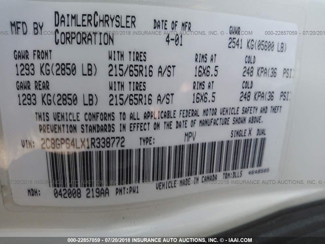 2C8GP64LX1R338772 - 2001 CHRYSLER TOWN & COUNTRY LIMITED WHITE photo 9