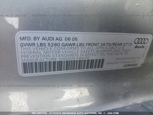 WAUDG74F06N027017 - 2006 AUDI A6 3.2 QUATTRO GRAY photo 9