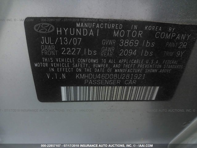 KMHDU46D08U281921 - 2008 HYUNDAI ELANTRA GLS/SE/LIMITED GRAY photo 9