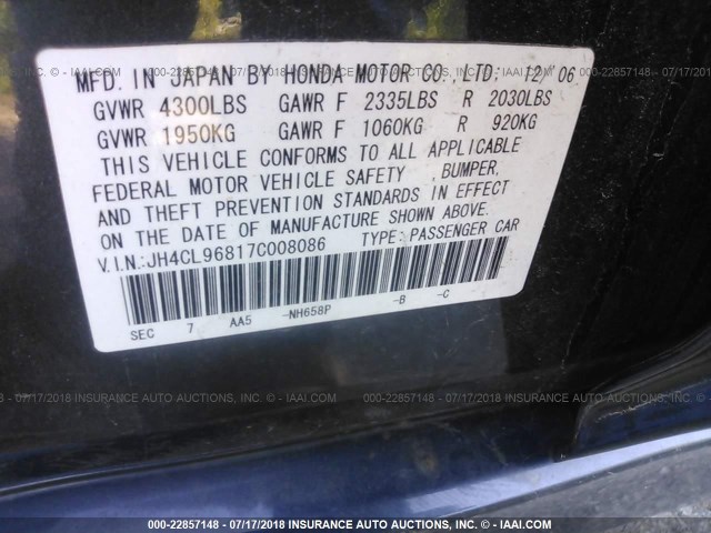 JH4CL96817C008086 - 2007 ACURA TSX GRAY photo 9