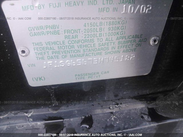 JF1SG65673H745182 - 2003 SUBARU FORESTER 2.5XS შავი ფოტო 9