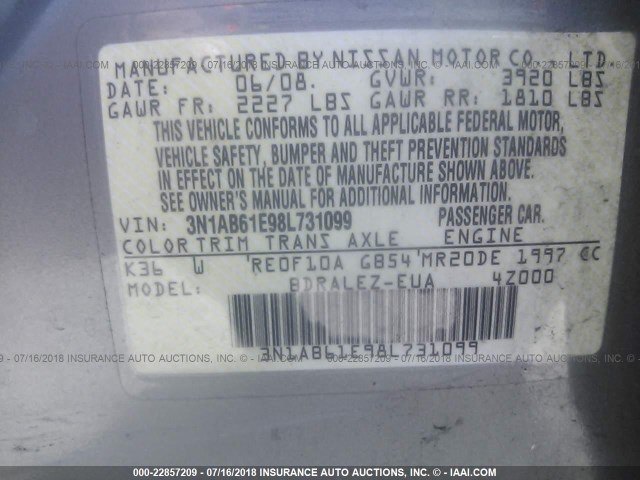 3N1AB61E98L731099 - 2008 NISSAN SENTRA 2.0/2.0S/2.0SL SILVER photo 9