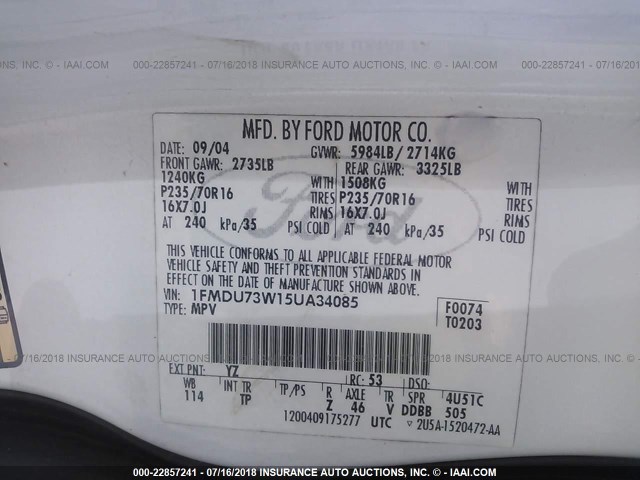 1FMDU73W15UA34085 - 2005 FORD EXPLORER XLT/XLT SPORT/NBX 白色 照片 9