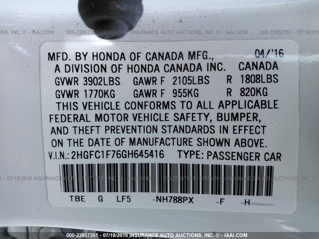 2HGFC1F76GH645416 - 2016 HONDA CIVIC EXL 白色 照片 9