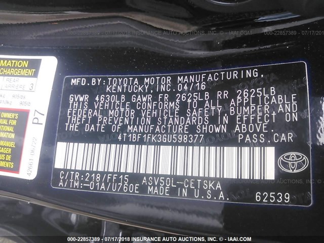 4T1BF1FK3GU598377 - 2016 TOYOTA CAMRY LE/XLE/SE/XSE BLACK photo 9