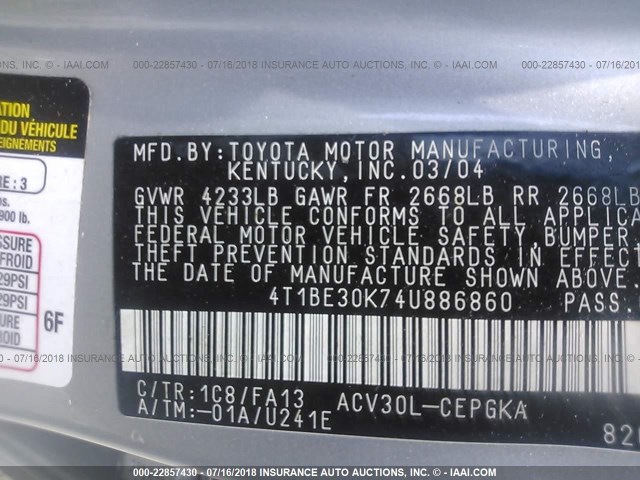 4T1BE30K74U886860 - 2004 TOYOTA CAMRY LE/XLE/SE 银色 照片 9