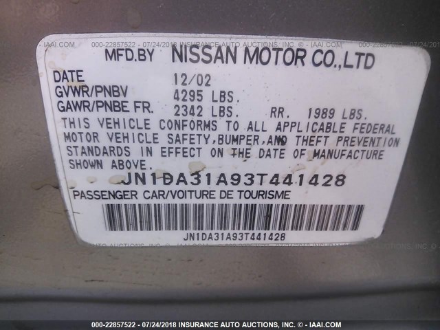 JN1DA31A93T441428 - 2003 NISSAN MAXIMA GLE/SE BEIGE photo 9