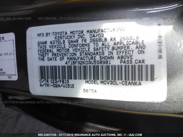 4T1BF32K03U558981 - 2003 TOYOTA CAMRY LE/XLE/SE 灰色 照片 9