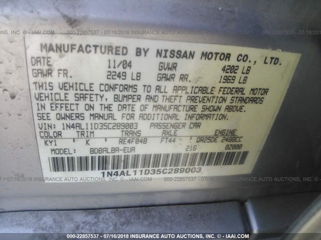 1N4AL11D35C289003 - 2005 NISSAN ALTIMA S/SL SILVER photo 9