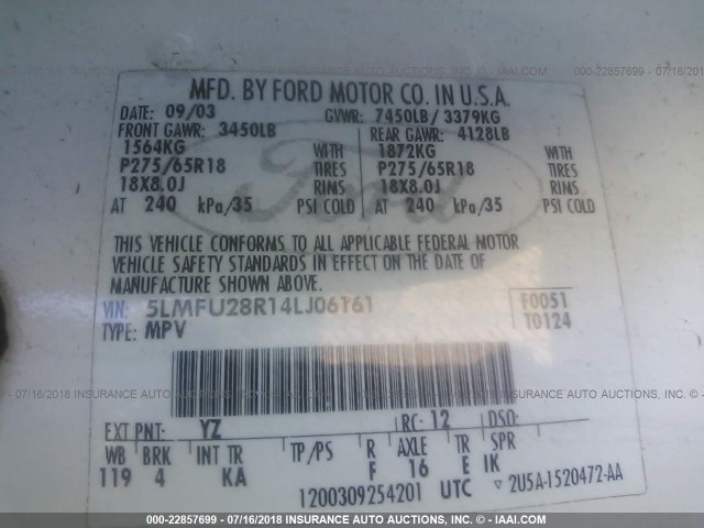 5LMFU28R14LJ06161 - 2004 LINCOLN NAVIGATOR 白色 照片 9