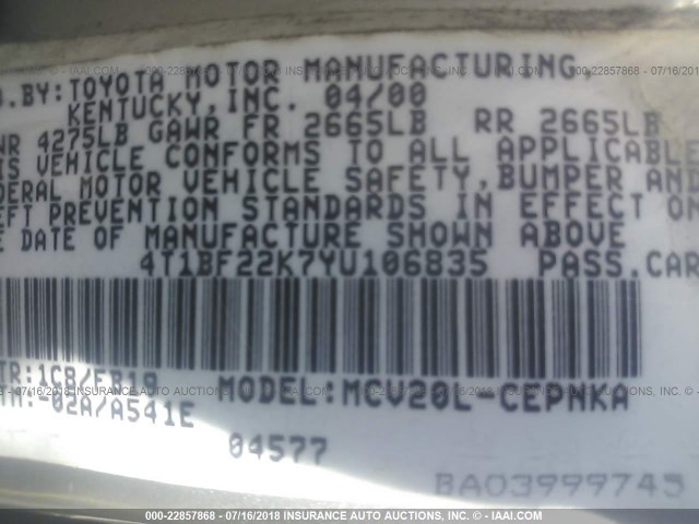 4T1BF22K7YU106835 - 2000 TOYOTA CAMRY LE/XLE GRAY photo 9