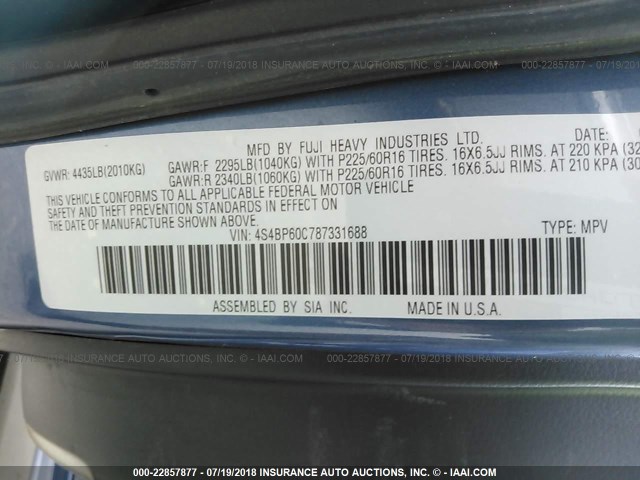 4S4BP60C787331688 - 2008 SUBARU OUTBACK BLUE photo 9