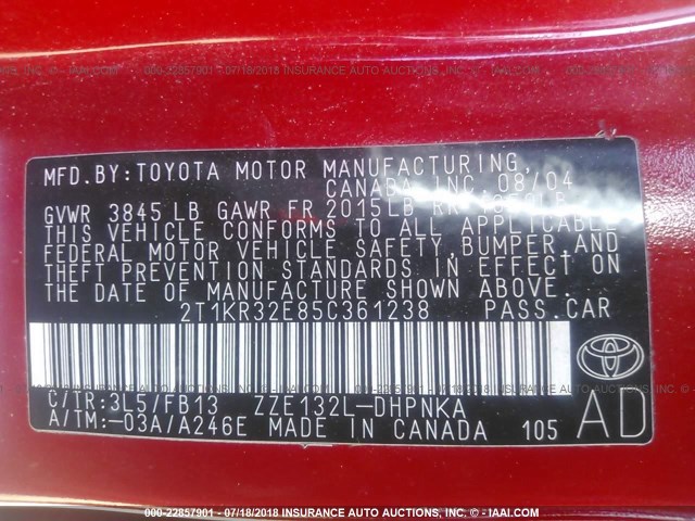 2T1KR32E85C361238 - 2005 TOYOTA COROLLA MATRIX XR RED photo 9