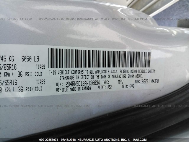 2D4RN5D12AR130834 - 2010 DODGE GRAND CARAVAN SXT SILVER photo 9