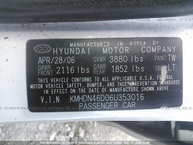 KMHDN46D06U353016 - 2006 HYUNDAI ELANTRA GLS/GT/LIMITED SILVER photo 9