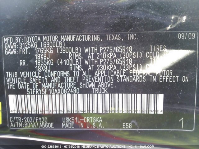 5TFRY5F10AX082480 - 2010 TOYOTA TUNDRA DOUBLE CAB SR5 BLACK photo 9