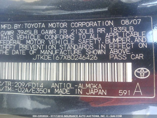 JTKDE167X80246426 - 2008 TOYOTA SCION TC 黑色 照片 9