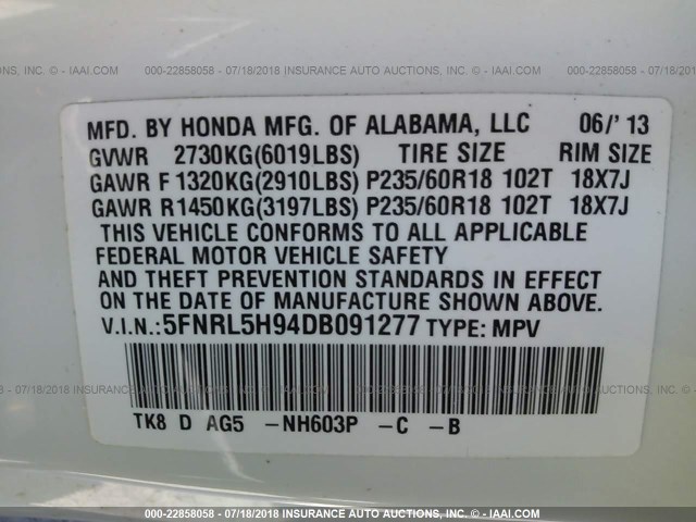 5FNRL5H94DB091277 - 2013 HONDA ODYSSEY TOURING/TOURING ELITE WHITE photo 9