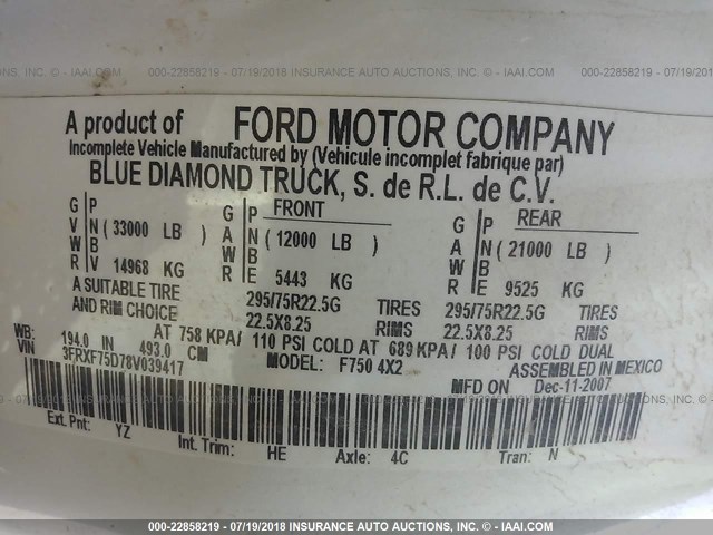 3FRXF75D78V039417 - 2008 FORD F750 SUPER DUTY Unknown photo 10