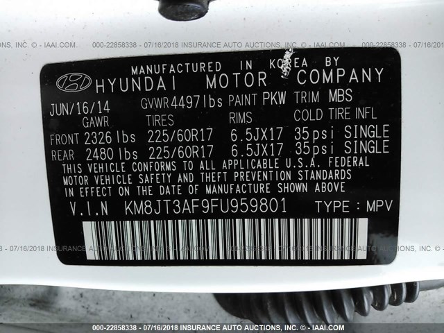 KM8JT3AF9FU959801 - 2015 HYUNDAI TUCSON GLS WHITE photo 9