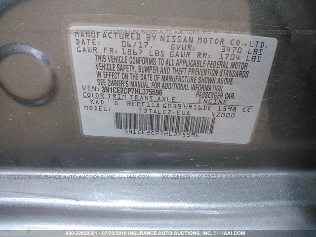 3N1CE2CP7HL375596 - 2017 NISSAN VERSA NOTE S/S PLUS/SV/SL/SR Light Blue photo 9