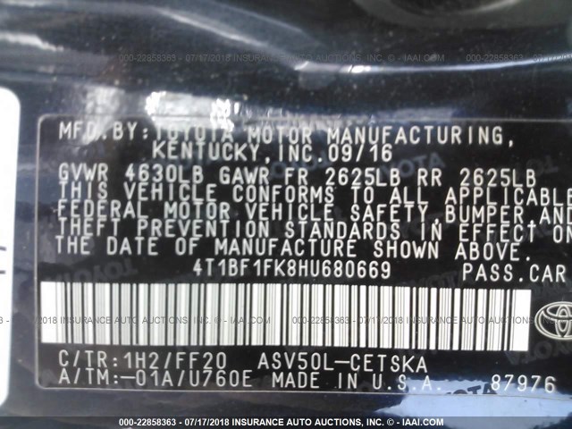 4T1BF1FK8HU680669 - 2017 TOYOTA CAMRY LE/XLE/SE/XSE 绿色 照片 9