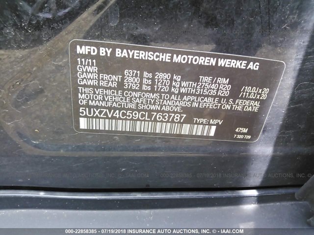 5UXZV4C59CL763787 - 2012 BMW X5 XDRIVE35I BLACK photo 9