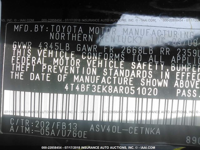 4T4BF3EK8AR051020 - 2010 TOYOTA CAMRY SE/LE/XLE 黑色 照片 9