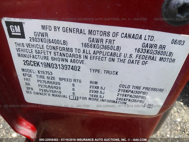 2GCEK19N031397402 - 2003 CHEVROLET SILVERADO K1500 RED photo 9