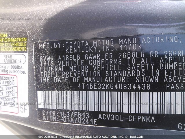 4T1BE32K64U834438 - 2004 TOYOTA CAMRY LE/XLE/SE 灰色 照片 9