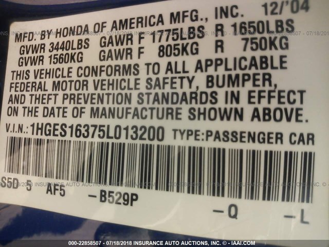 1HGES16375L013200 - 2005 HONDA CIVIC DX VP BLUE photo 9