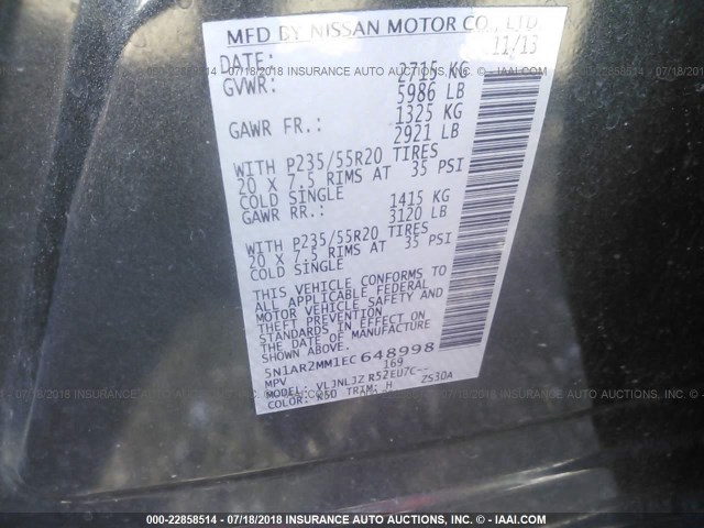 5N1AR2MM1EC648998 - 2014 NISSAN PATHFINDER S/SV/SL/PLATINUM GRAY photo 9