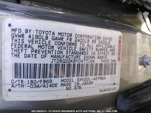 JT2BG22K8Y0477164 - 2000 TOYOTA CAMRY CE/LE/XLE GRAY photo 9