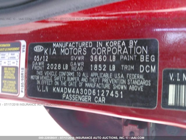 KNADM4A30D6127451 - 2013 KIA RIO LX RED photo 9