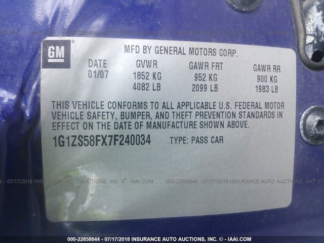 1G1ZS58FX7F240034 - 2007 CHEVROLET MALIBU LS BLUE photo 9