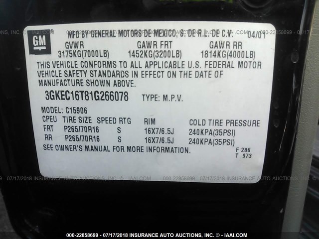 3GKEC16T81G266078 - 2001 GMC YUKON XL C1500 BLACK photo 9