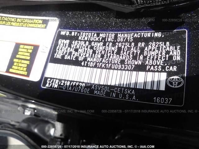 4T1BF1FK1FU093307 - 2015 TOYOTA CAMRY LE/XLE/SE/XSE 黑色 照片 9