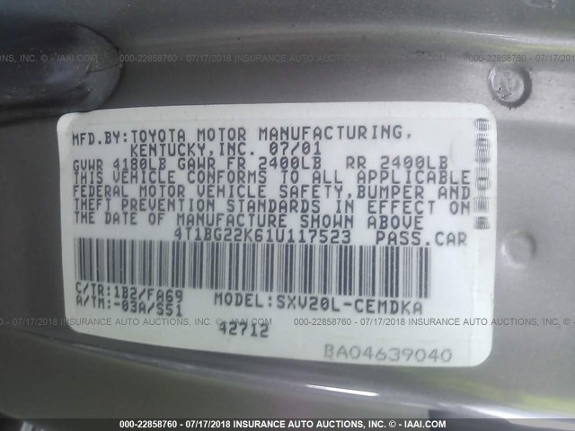 4T1BG22K61U117523 - 2001 TOYOTA CAMRY CE/LE/XLE GRAY photo 9