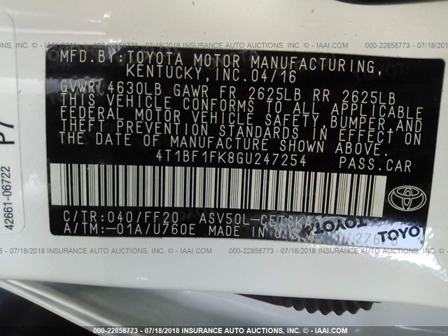 4T1BF1FK8GU247254 - 2016 TOYOTA CAMRY LE/XLE/SE/XSE WHITE photo 9