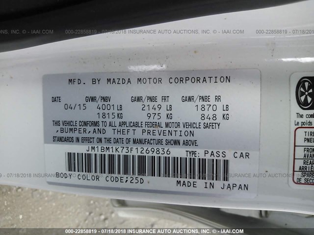 JM1BM1K73F1269836 - 2015 MAZDA 3 SPORT WHITE photo 9