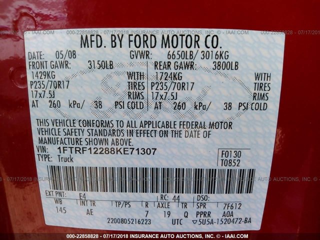 1FTRF12288KE71307 - 2008 FORD F150 Rojo foto 9