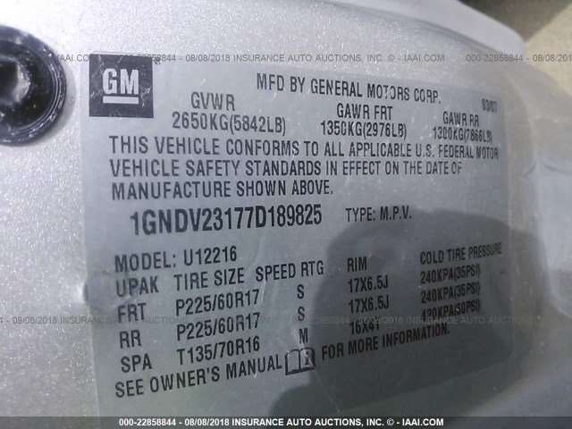 1GNDV23177D189825 - 2007 CHEVROLET UPLANDER LS Gümüş foto 9