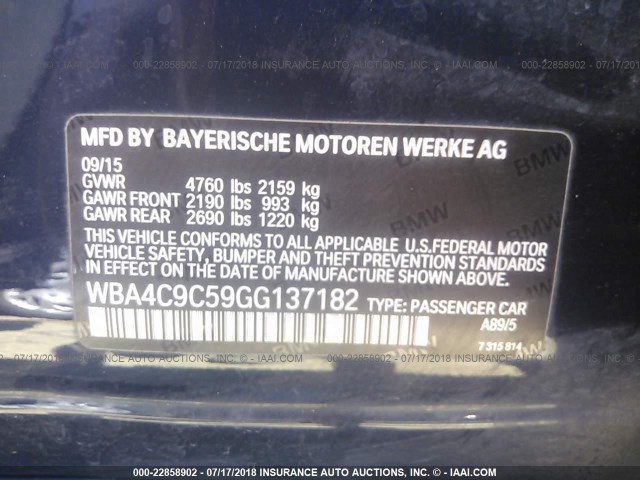 WBA4C9C59GG137182 - 2016 BMW 428 XI/GRAN COUPE/SULEV მუქი ლურჯი ფოტო 9