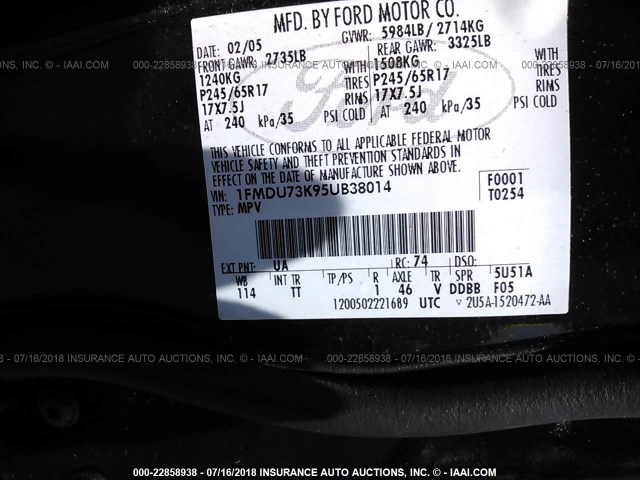 1FMDU73K95UB38014 - 2005 FORD EXPLORER XLT/XLT SPORT/NBX 黑色 照片 9